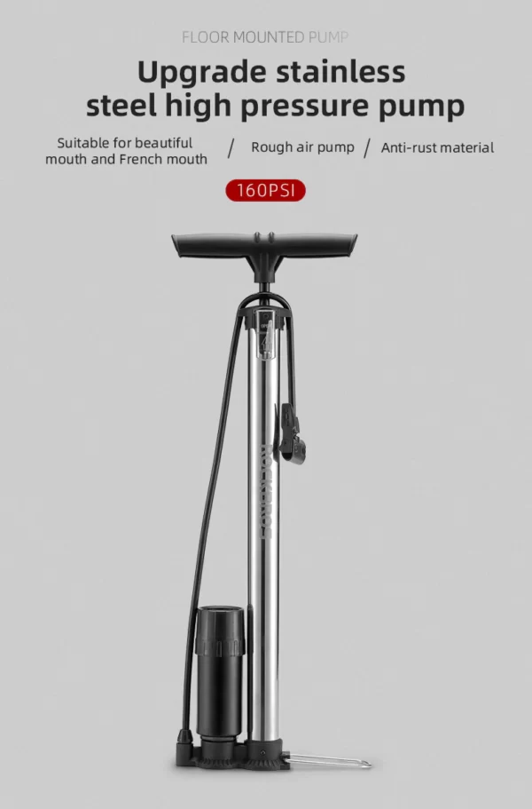 Bơm sàn xe đạp với đồng hồ đo áp ROCKBROS - Inox